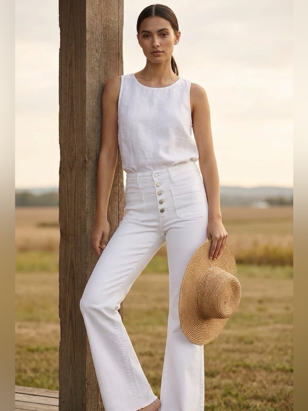 High-Rise White Button-Front Wide-Leg Pants - 6 Tall